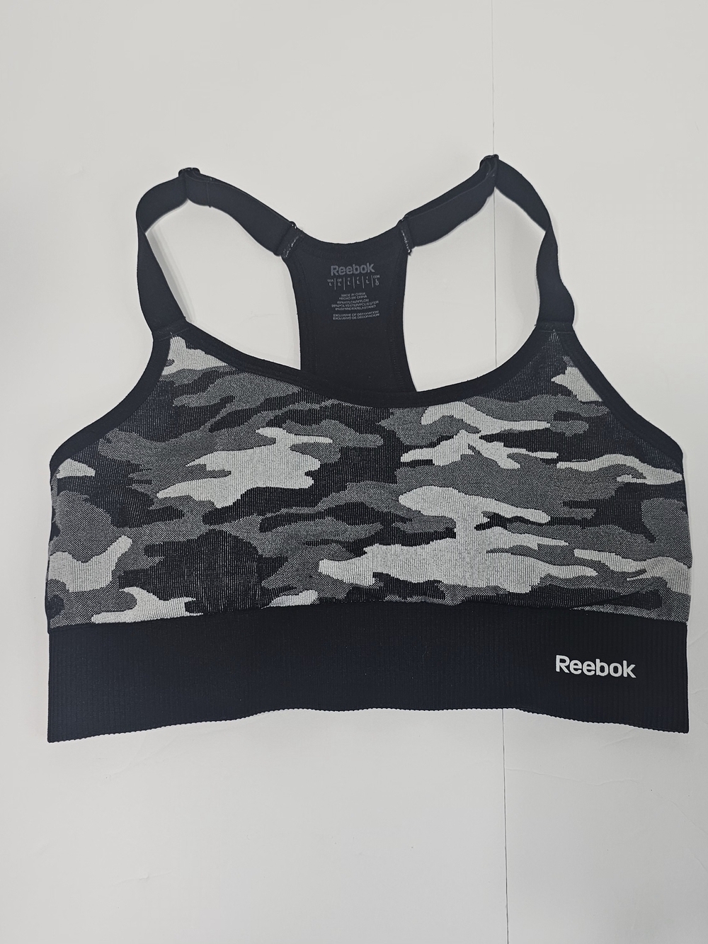 Reebok Black & Gray Camo Seamless Racerback Sports Bra Large Activewear Gym Yoga